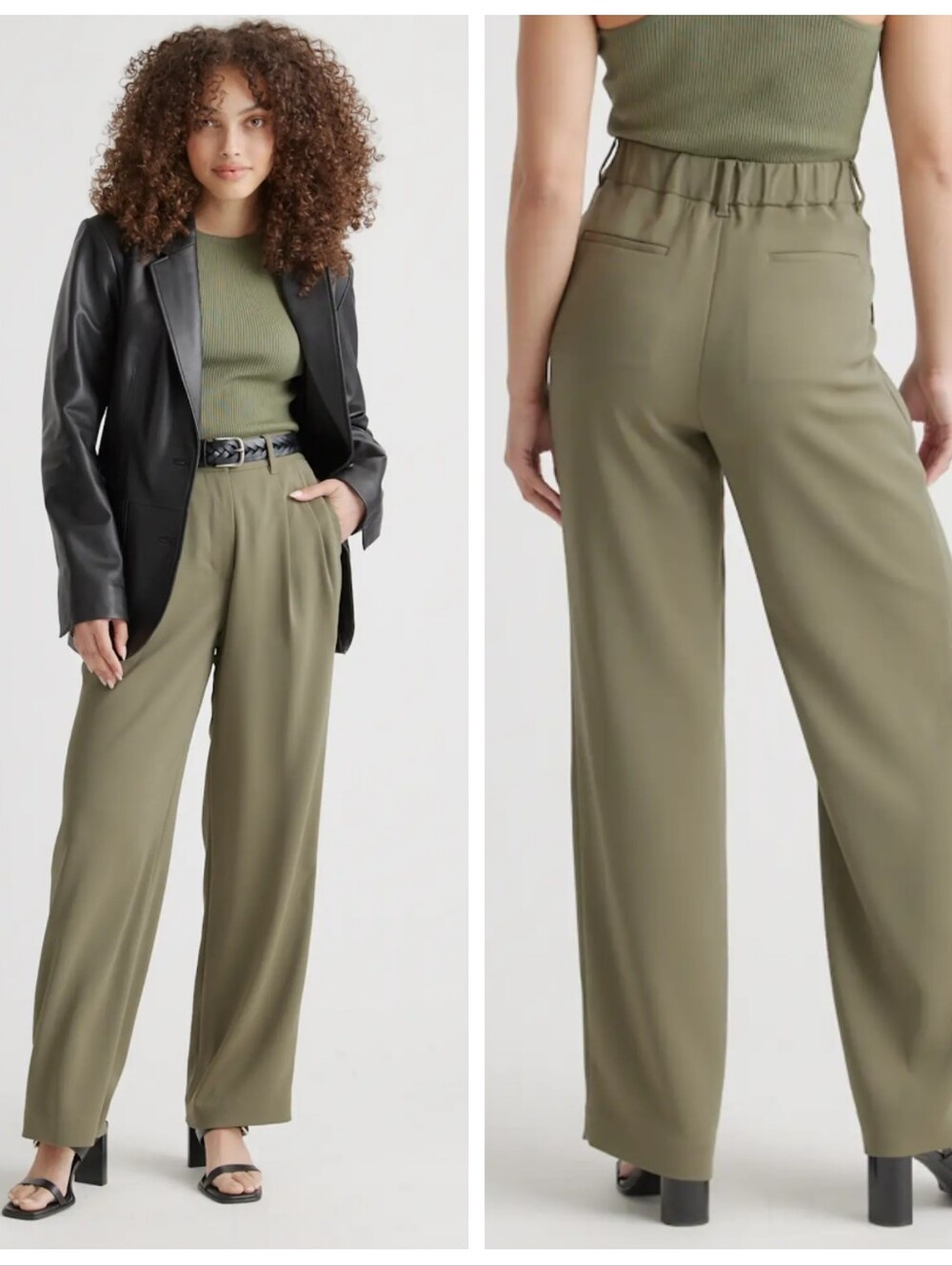 Stretch Crepe Pleated Wide Leg Pant Olive Green Women's 14 Officecore Grannycore
